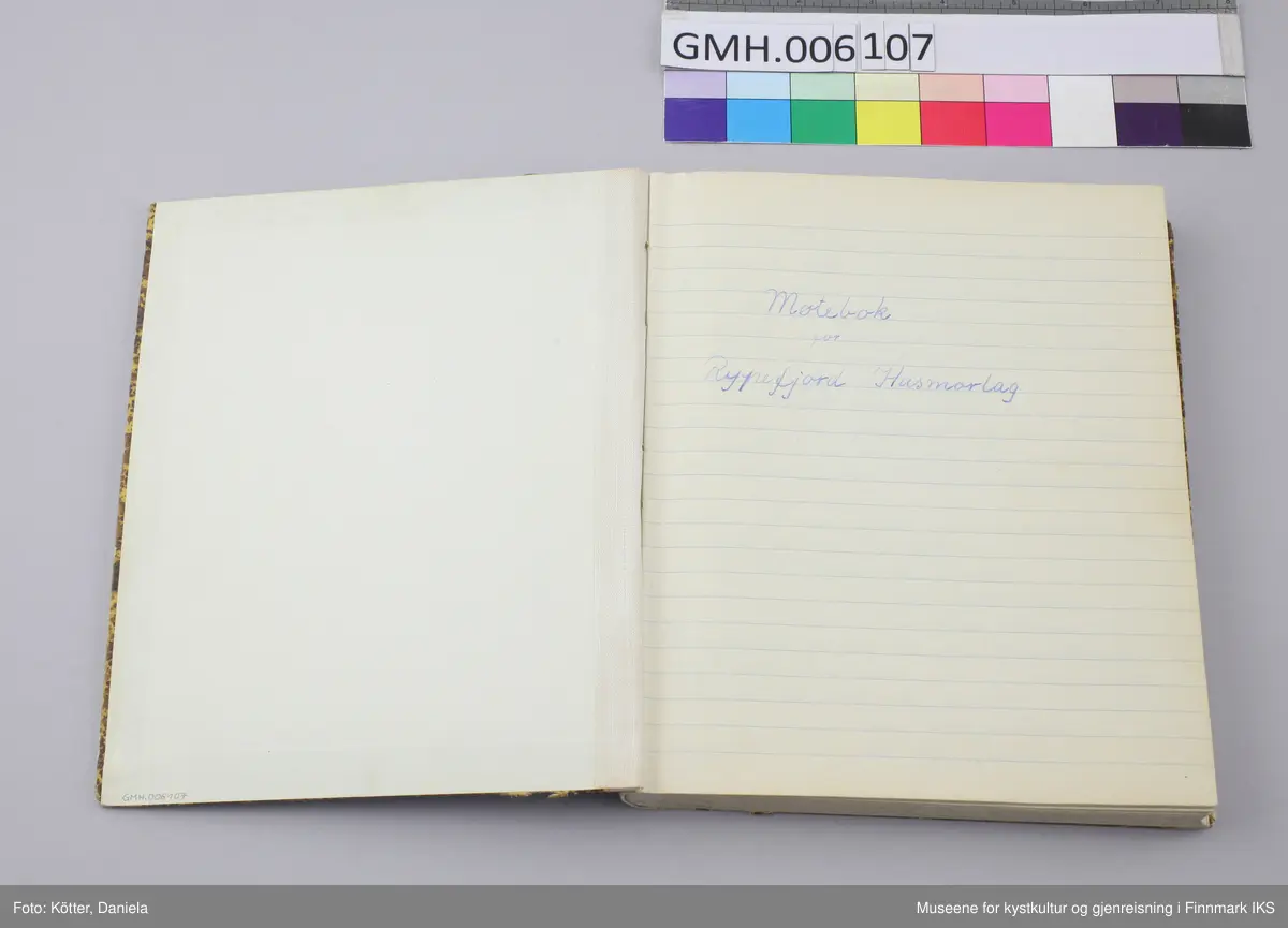 Møteboka for Rypefjord Husmorlag er et linjert notatbok med solid pappomslag med gulbrunt mønster. På forsiden er det påført en åttekantet etikett. Boka har en beige, tekstilforsterket rygg og er velholdt og i god stand.