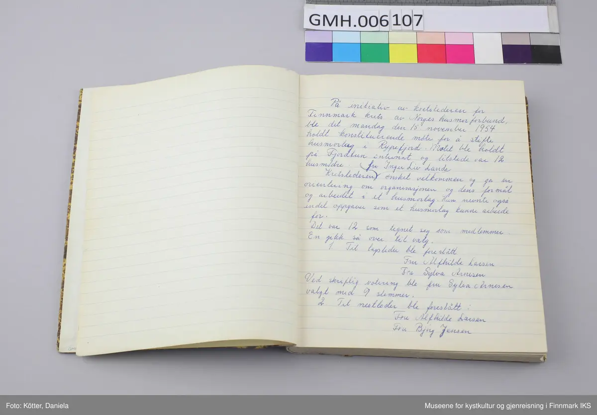 Møteboka for Rypefjord Husmorlag er et linjert notatbok med solid pappomslag med gulbrunt mønster. På forsiden er det påført en åttekantet etikett. Boka har en beige, tekstilforsterket rygg og er velholdt og i god stand.