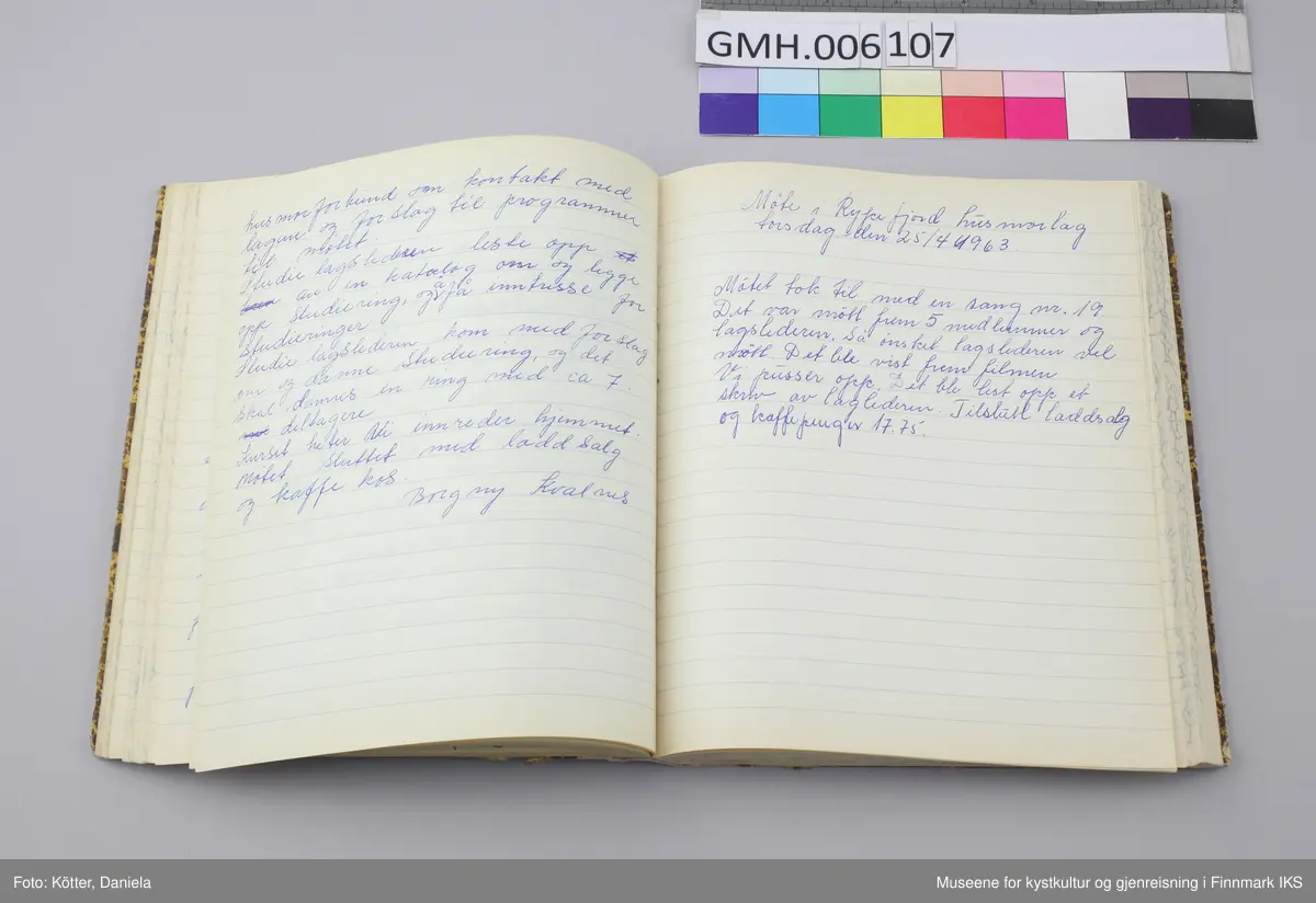 Møteboka for Rypefjord Husmorlag er et linjert notatbok med solid pappomslag med gulbrunt mønster. På forsiden er det påført en åttekantet etikett. Boka har en beige, tekstilforsterket rygg og er velholdt og i god stand.