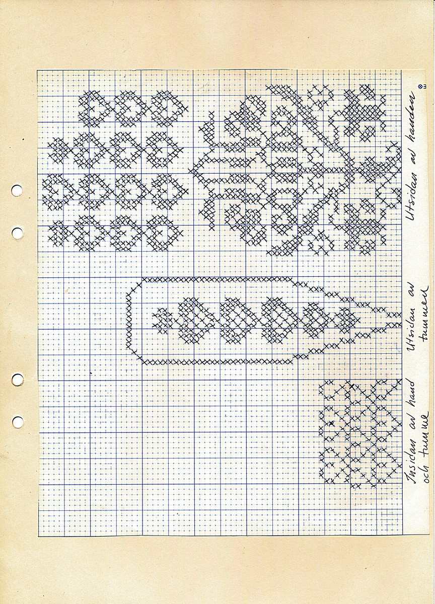 En stickad fingervante, med randig mudd i 2-2 resår (2 räta och 2 aviga maskor) och mönsterstickad vante i slätstickning, av 2-trådigt ullgarn.