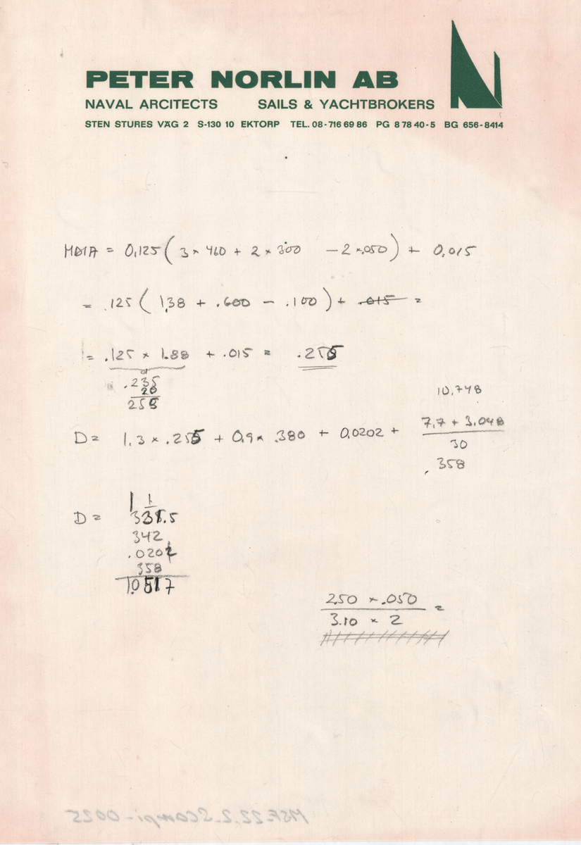 Sex sidor med blandade anteckningar och uträkningar till Scampi