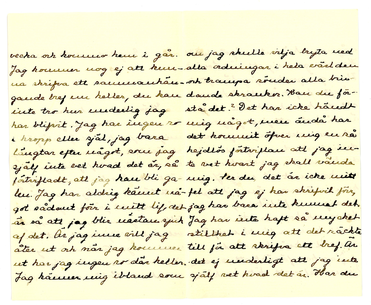 Brev skickat till " Välborna Fröken Louise Adelborg, Södertuna, Gnesta " från Elin.

Daterat Engsholm 29.7.1903

(Engsholms slott?)

1 kuvert, 2 ark.