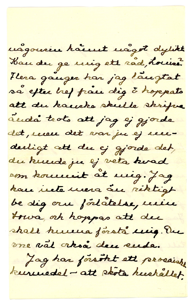Brev skickat till " Välborna Fröken Louise Adelborg, Södertuna, Gnesta " från Elin.

Daterat Engsholm 29.7.1903

(Engsholms slott?)

1 kuvert, 2 ark.