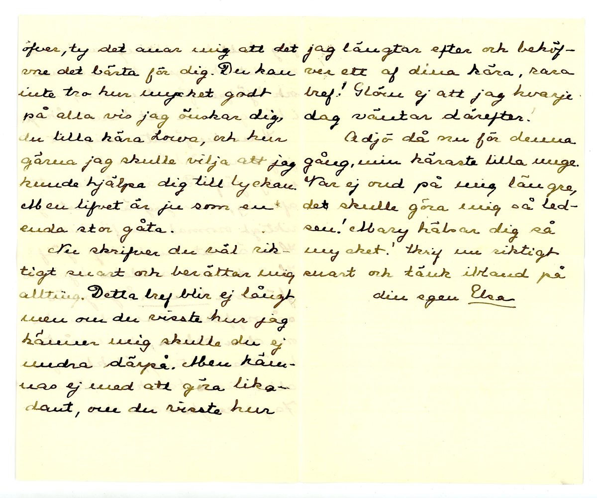 Brev skickat till " Välborna Fröken Louise Adelborg, Södertuna, Gnesta " från Elin.

Daterat Engsholm 29.7.1903

(Engsholms slott?)

1 kuvert, 2 ark.