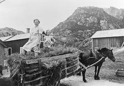 En dame og en jente oppi en høyvogn som blir trukket av en h