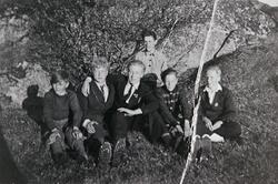 Seks ungdommer sitter på marka foran en haug og et tre.