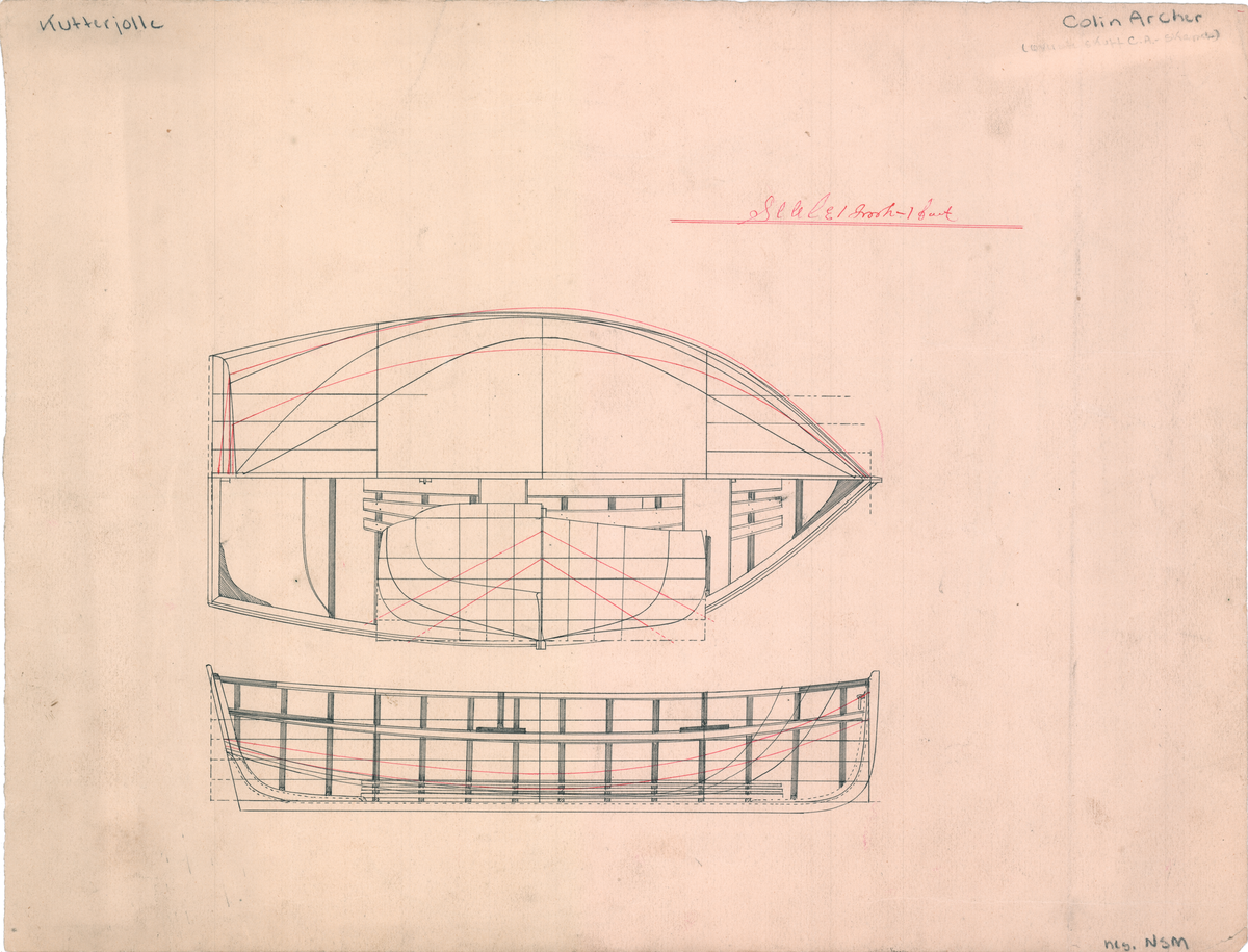 Linjetegning Kutterjolle  (Bakside: Frihåndstegning div. gjenstander.)