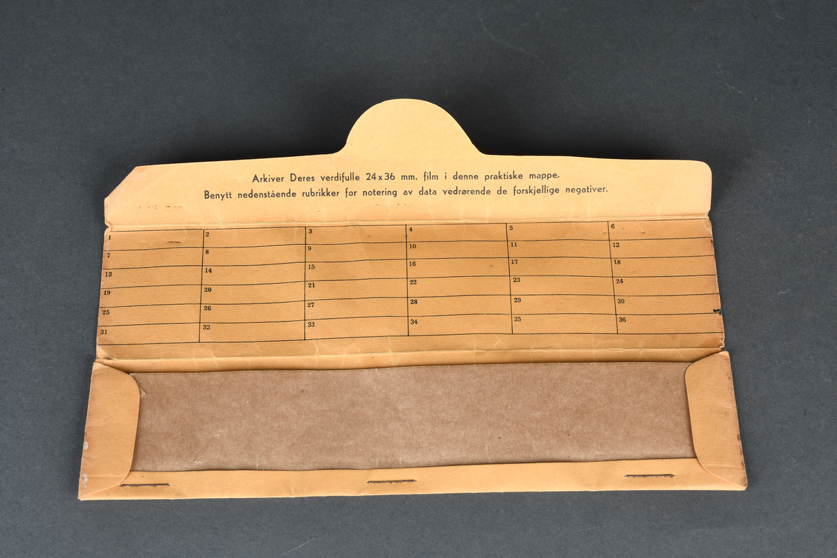 Konvolutter til oppbevaring av småbildefilm, avlang i formen med flapp øverst til å lukke igjen konvolutten med.