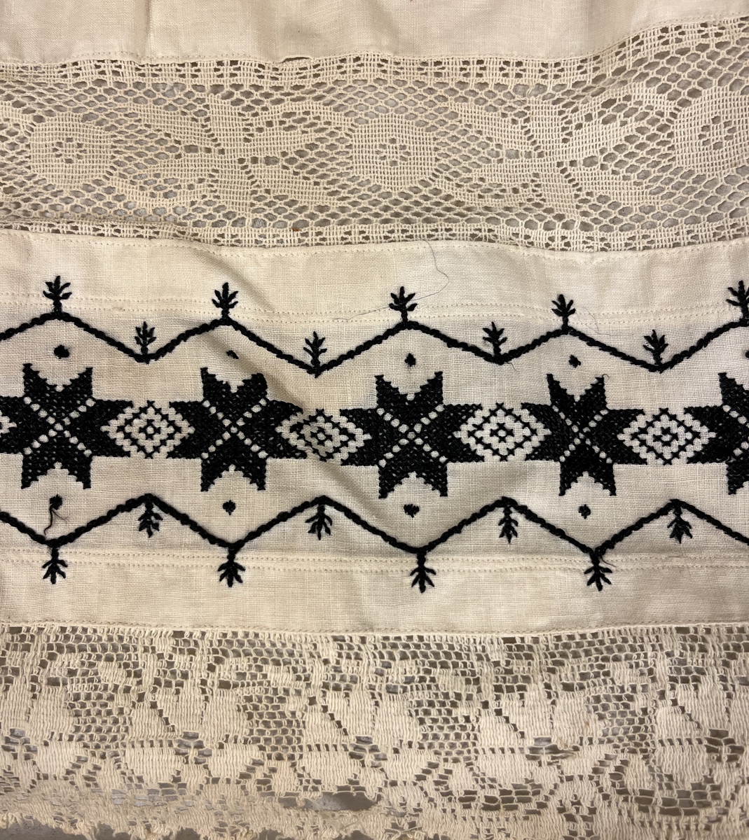 Form: Hekla border og linsaumsbroderi.
