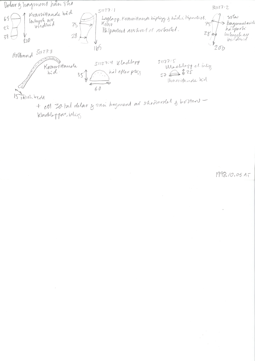 Delar och fragment från sko: tre sulor, en holtrand, en klacklapp, en klacklapp eller ett inlägg samt ett 40-tal delar och mindre fragment från skoöverdel och skobotten.

Sula fyndnummer 31127 har kvarsittande tråd. På sulans ovansida finns intryck av bindtråden.  Sula fyndnummer 31127:1 har kvarsittande träpligg och tråd. I tåpartiet finns en laglapp. Sulans hälparti är avskuret, eventuellt avbrutet.  Sula fyndnummer 31127:2 har ett fragmentariskt hälparti. På sulans ovansida finns intryck av bindtråd. Holtrand fyndnummer 31127:3 har kvarsittande tråd. På klacklapp fyndnummer 31127:4 finns hål efter träpligg. På klacklapp, eventuellt inlägg, fyndnummer 31127:5 finns kvarsittande tråd.
