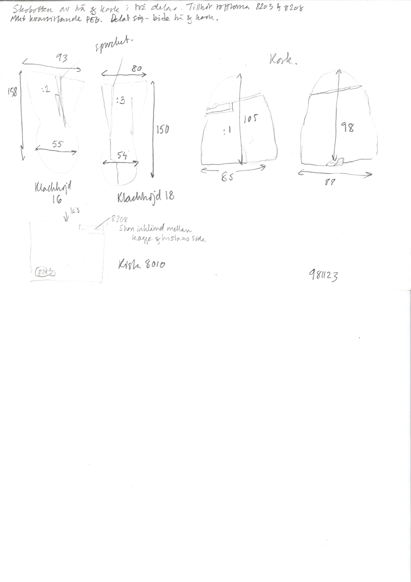 Dokumentation 1998:
Två skobottnar till ett par skor.
Skobottnarna är nu monterade till sko 08208.
Skobottnarna är i fyra delar, två delar från skobottnarnas främre parti, fyndnummer 31161 och 31161:1 och två delar från skobottnarnas bakre parti, fyndnummer 31161:2 samt 31161:3.  De båda bakre partierna, från hälen till partiet efter hålfoten, är tillverkade i trä, troligtvis lövträ. De båda främre partierna, från partiet efter hålfoten och fram till tåpartiet, är tillverkade i kork. Vänster skobotten består troligtvis av fyndnummer 31161:2 och 31161 medan höger skobotten består av fyndnummer 31161:1 och 31161:3.
Bottnarnas främre och bakre partier har spruckit. Träet och korken är täckta med ett lager av polyetylenglykol.

Dokumentation 2022:
Ett par utfyllnader till tofflor. Tillverkade i kork och trä, eventuellt al. Den ena skapades för höger fot och den andra för vänster fot. Korken har blivit bortskuren. Det finns delar som saknas vid tårna och det finns tecken på lagningar med träpligg på hälen. 
För mer information, se Länkade filer: Uppritning

Text in english:
These are a pair of pantable fills, made of cork and wood, possibly alder, made left and right. The cork has been cut and pieced at the toes, there are signs of pegged repairs at the heel.
For more information, go to Länkade filer: Uppritning
