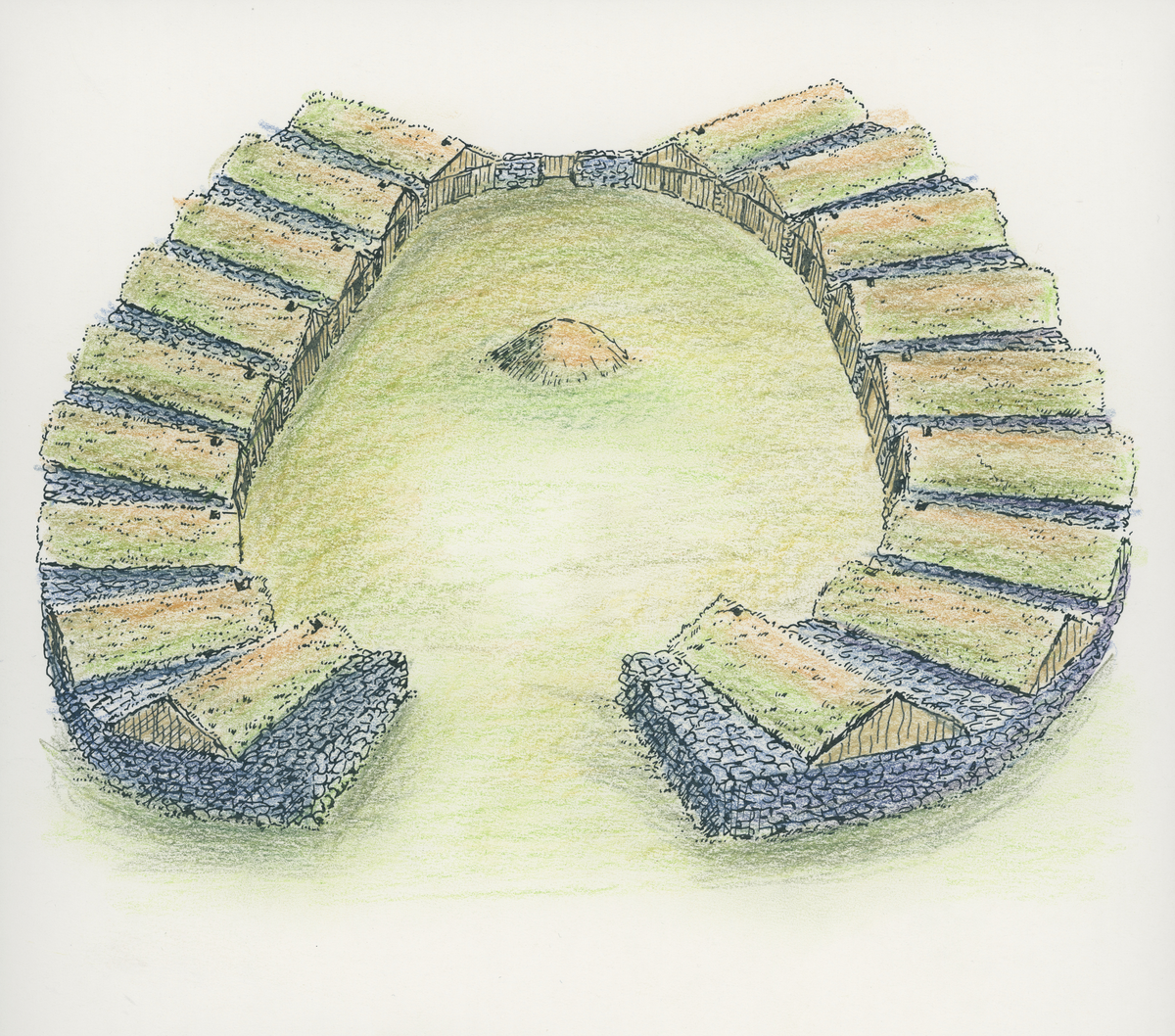 Tegning av Klauhauane (klauhaugane).

Den originale tegningen er en skisse med noen grå skygger. 
Det er en kopi som ble fargelagt og brukt til fornminneskilt.