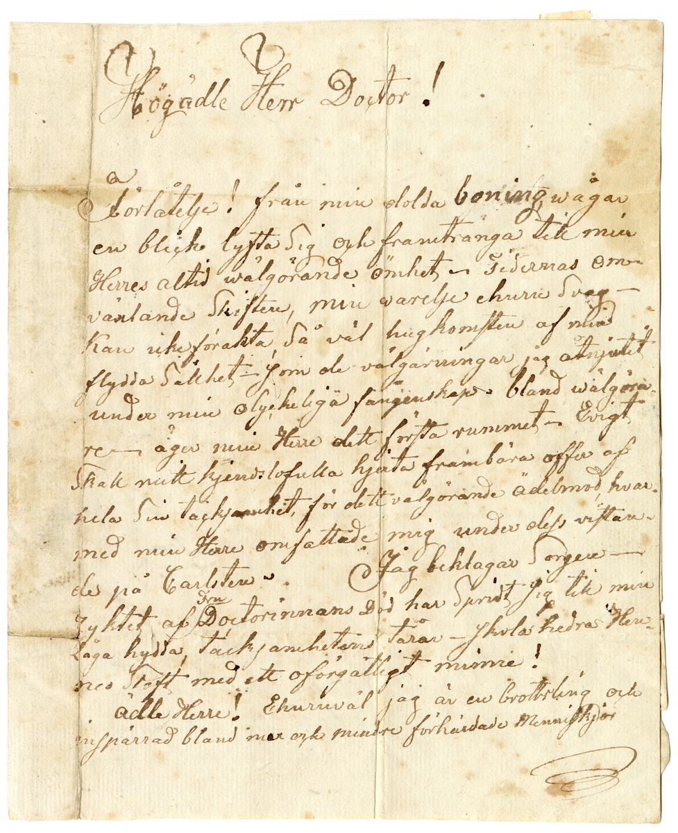 Brev skrivet på ett sammanhållande brevpappersark, vilket är viket fyra gånger och därmed format till sitt eget omslag. Ena sidan är adressat påskrivet. Tre sidor är författade med text från avsändaren. Förslutningsremsa är fastklistrat i annat papper. Rester av lacksigill på adressatsidan. Poststämplat med rund stämpel.