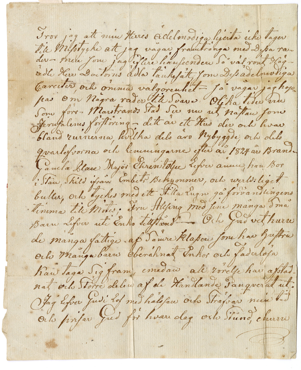 Brev skrivet på ett sammanhållande brevpappersark, vilket är viket fyra gånger och därmed format till sitt eget omslag. Ena sidan är adressat påskrivet. Tre sidor är författade med text från avsändaren. Förslutningsremsa är fastklistrat i annat papper. Rester av lacksigill på adressatsidan. Poststämplat med rund stämpel.