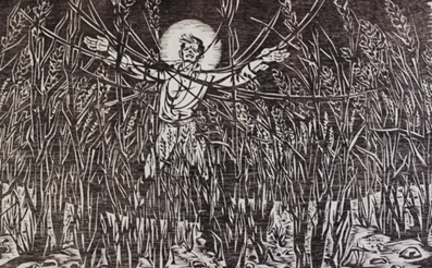 Pojke med utsträckta armar och ben i ett fält med ax (råg). Han verkar fasthållen av växterna. Poseringen påminner även om den korsfäste Kristus. Bakom pojkens huvud syns en fullmåne. 