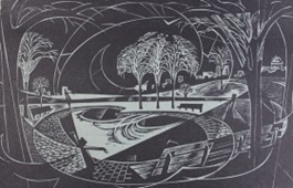 Parkmiljö med en damm i centrum, bänkar och träd. Två människor sträcker ut armarna på varsin sida om dammen. Symboliserar ett möte mellan två vänner