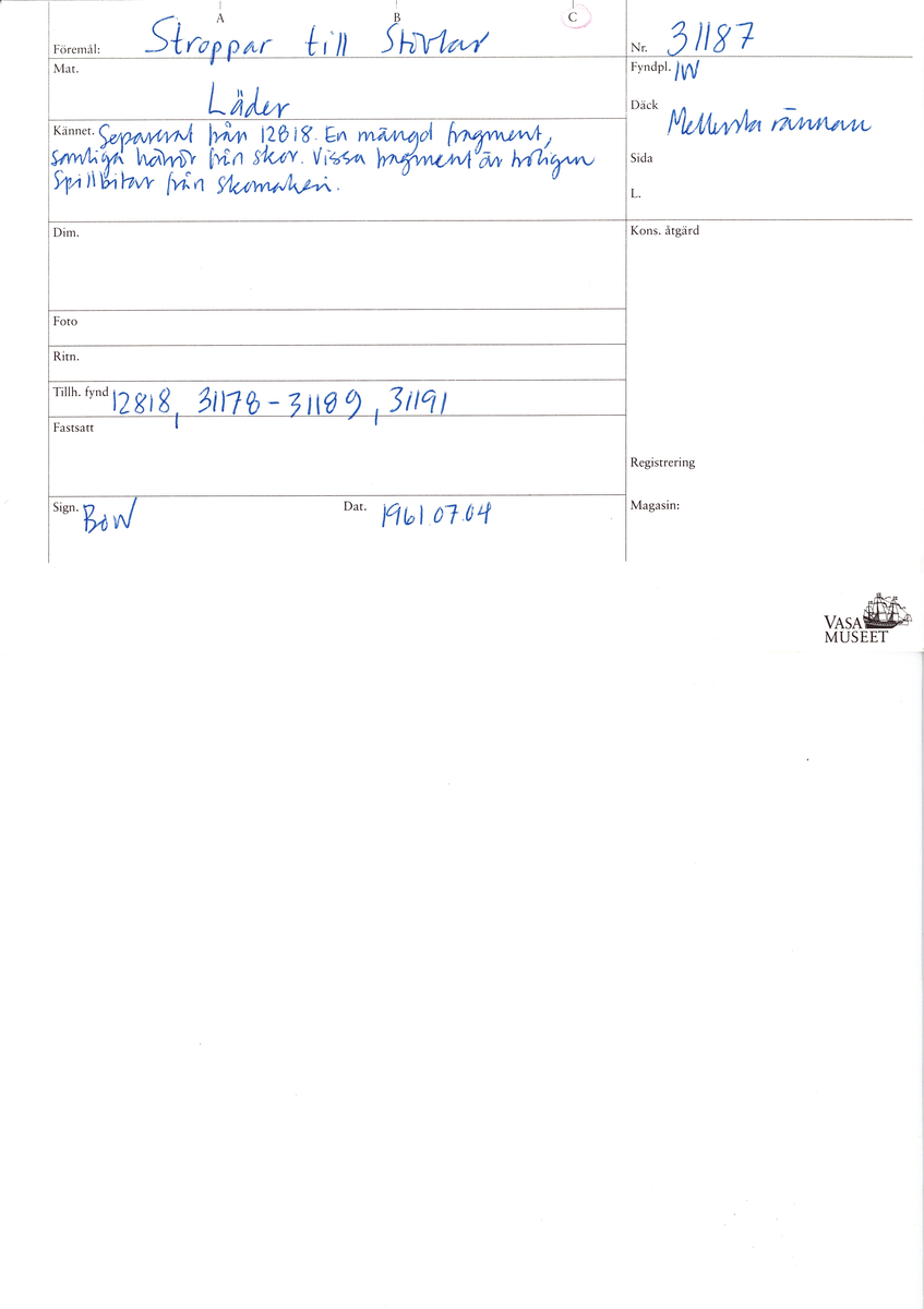 En stropp samt delar av stroppar till ett par stövlar. Den bäst bevarade stroppen är vikt dubbel. Ändarna är spetsiga samt har hål efter stygn. Totalt rör det sig om delar till minst tre stroppar med spetsiga ändar. Lädret ligger vikt samt är sprött och fragmentariskt.