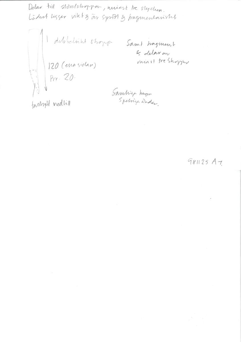 En stropp samt delar av stroppar till ett par stövlar. Den bäst bevarade stroppen är vikt dubbel. Ändarna är spetsiga samt har hål efter stygn. Totalt rör det sig om delar till minst tre stroppar med spetsiga ändar. Lädret ligger vikt samt är sprött och fragmentariskt.