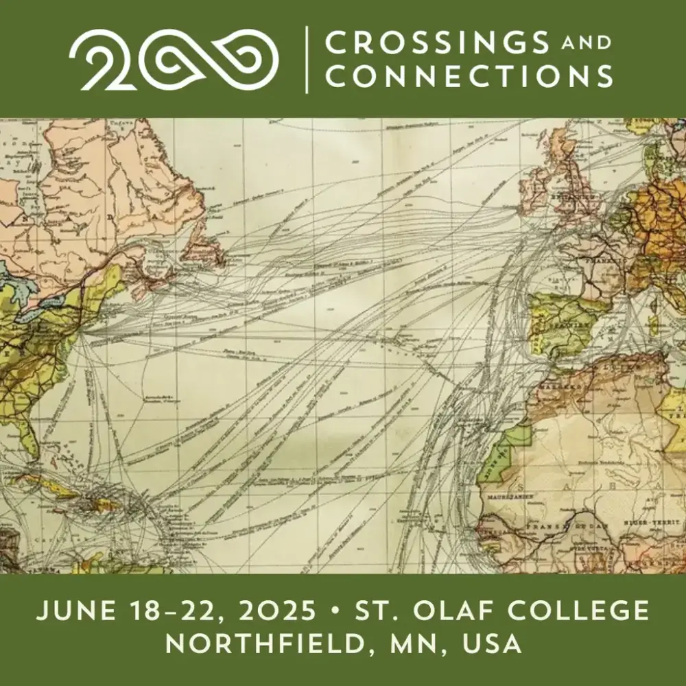 Plakat for konferanse med illustrasjon av historisk kart med reiseruter over Atlanterhavet