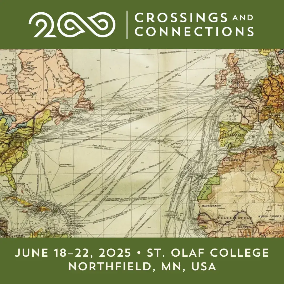 Plakat for konferanse med illustrasjon av historisk kart med reiseruter over Atlanterhavet