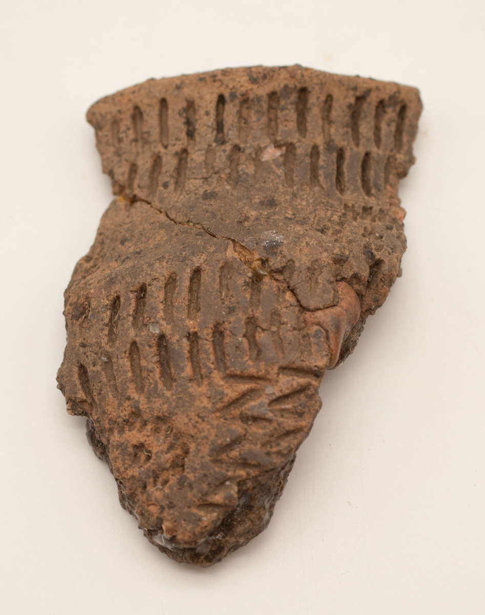 En större mängd (uppskattninsgvis ca 1000 stycken) ytplockade keramikskärvor. Skärvorna har i de flesta fall dekor. Dekoren består av streck, zig-zag mönster och intryckta gropar. Små pinnar och ben har framför allt använts för att skapa dekoren. I de fall det funnits passning har keramiken limmats ihop.