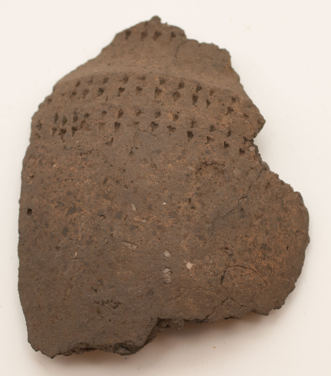 En större mängd (uppskattninsgvis ca 1000 stycken) ytplockade keramikskärvor. Skärvorna har i de flesta fall dekor. Dekoren består av streck, zig-zag mönster och intryckta gropar. Små pinnar och ben har framför allt använts för att skapa dekoren. I de fall det funnits passning har keramiken limmats ihop.