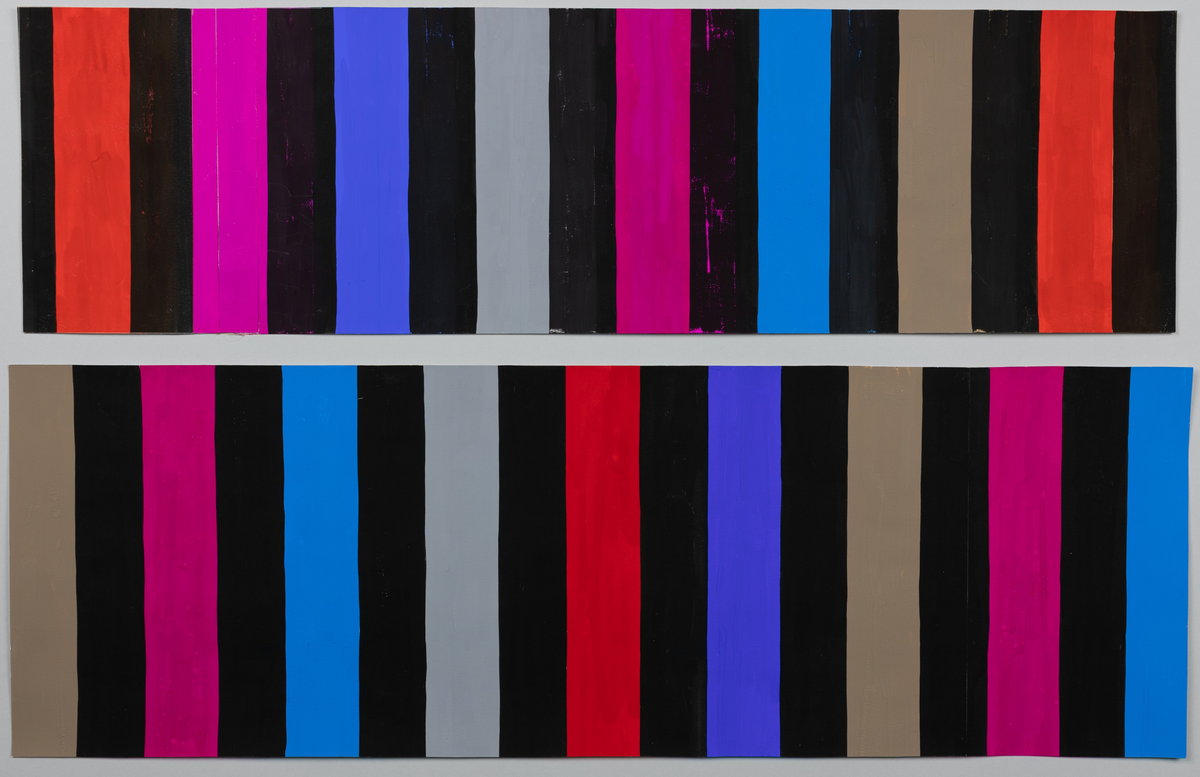 Skiss till textil, breda ränder i svart, grått, blått, rött och cerise