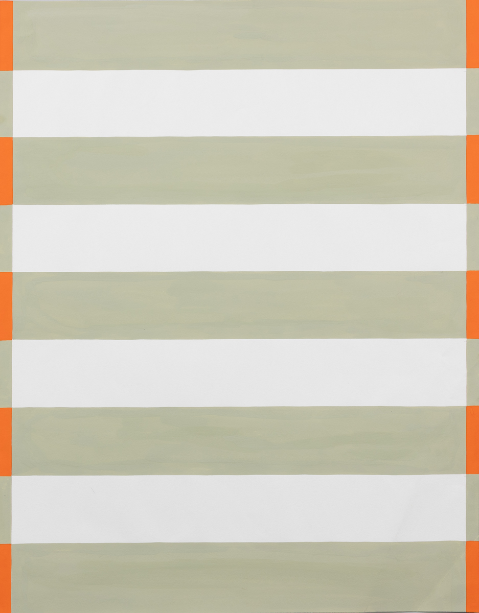 Skiss till matta, breda ränder i vitt och beige samt avslut i ytterkanterna  med en smalare rand i beige och orange