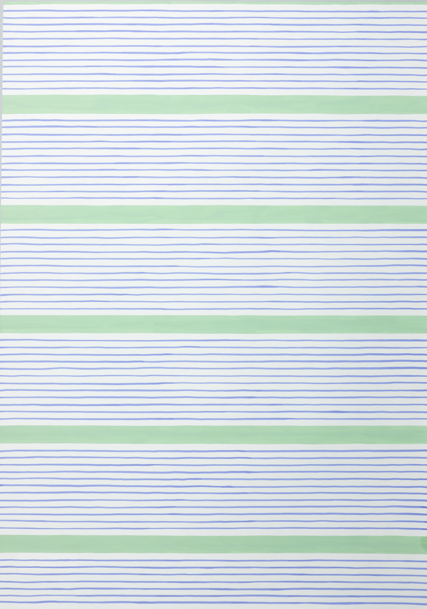Skiss till textil, blåa horisentella smala linjer som avdelas av bredare gröna ränder
