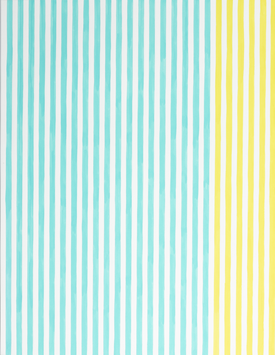 Skiss till textil, lodräta turkosa och gula ränder på vit bakgrund