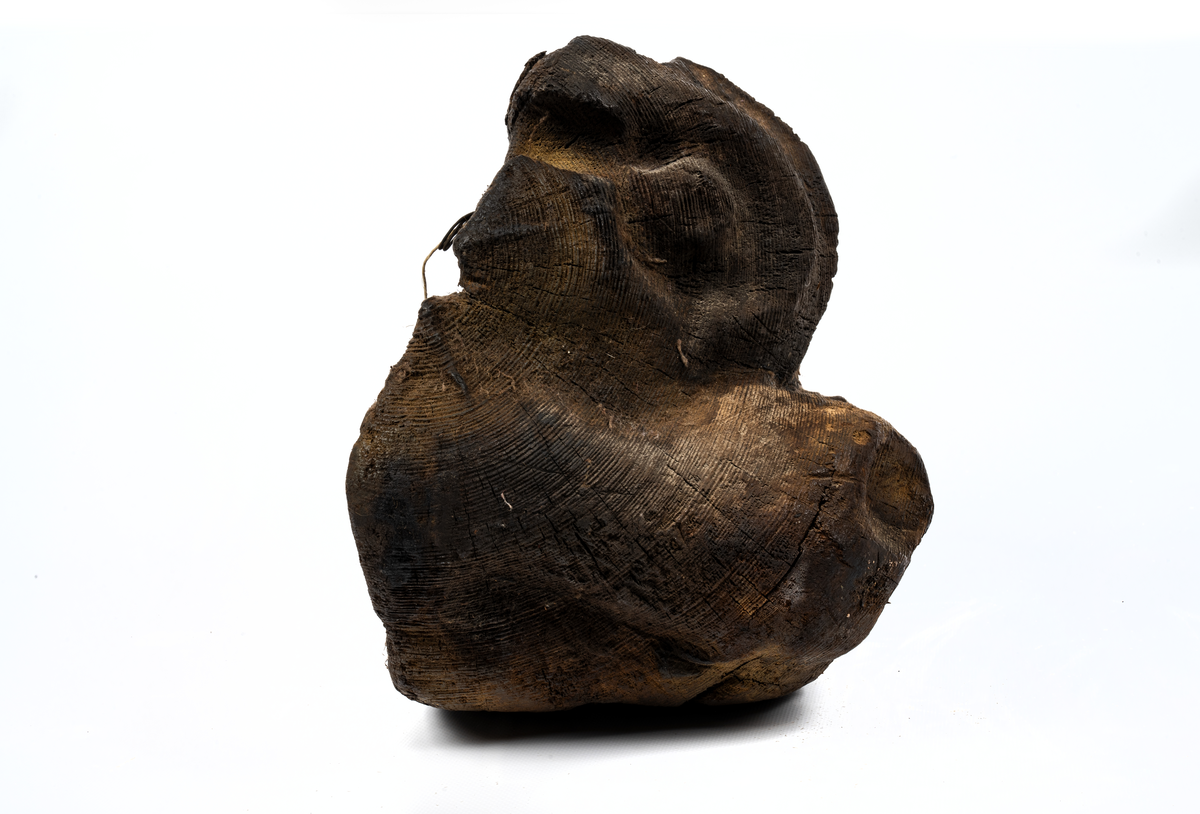 Noshörningshuvud, delfin? Upptaget från vraket efter riksäpplet (Dalarö) 1956 av djupdykarkurs från Stockholms örlogsvarv, ledare löjtnant Bo Cassel.