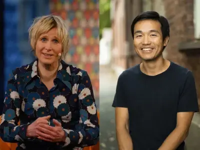 Linda Eide i blomstrete bluse og Brynjulf Jung Tjønn i mørk t-skjorte