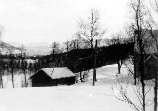 Gårdsbruk og fjordlandskap i Nord-Norge vinteren 1944.