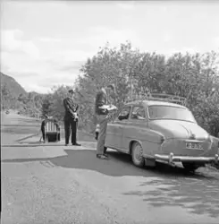 Sivilkledd mann skriver på blokk ved bil under en trafikk te