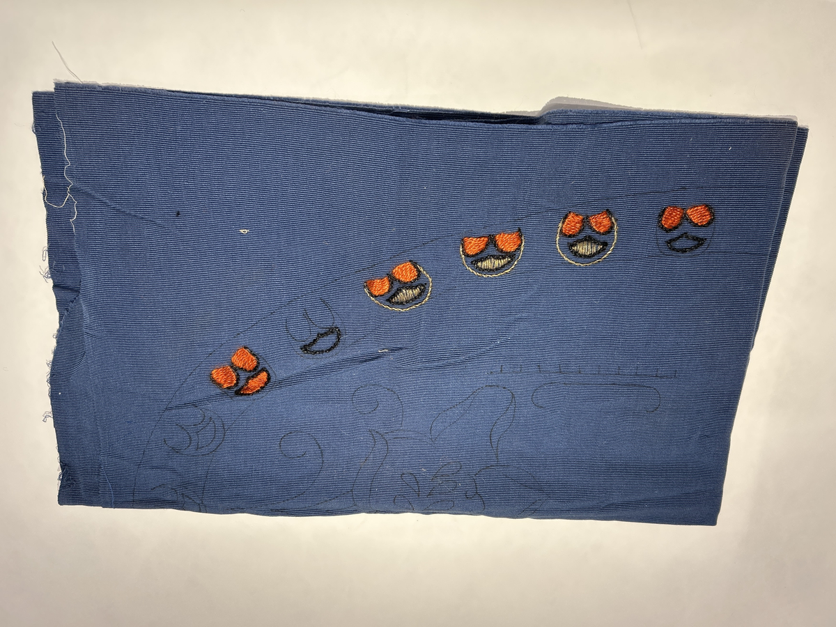 Uferdig håndarbeid. Blått med broderi i flere farger, påtegnet mønster.