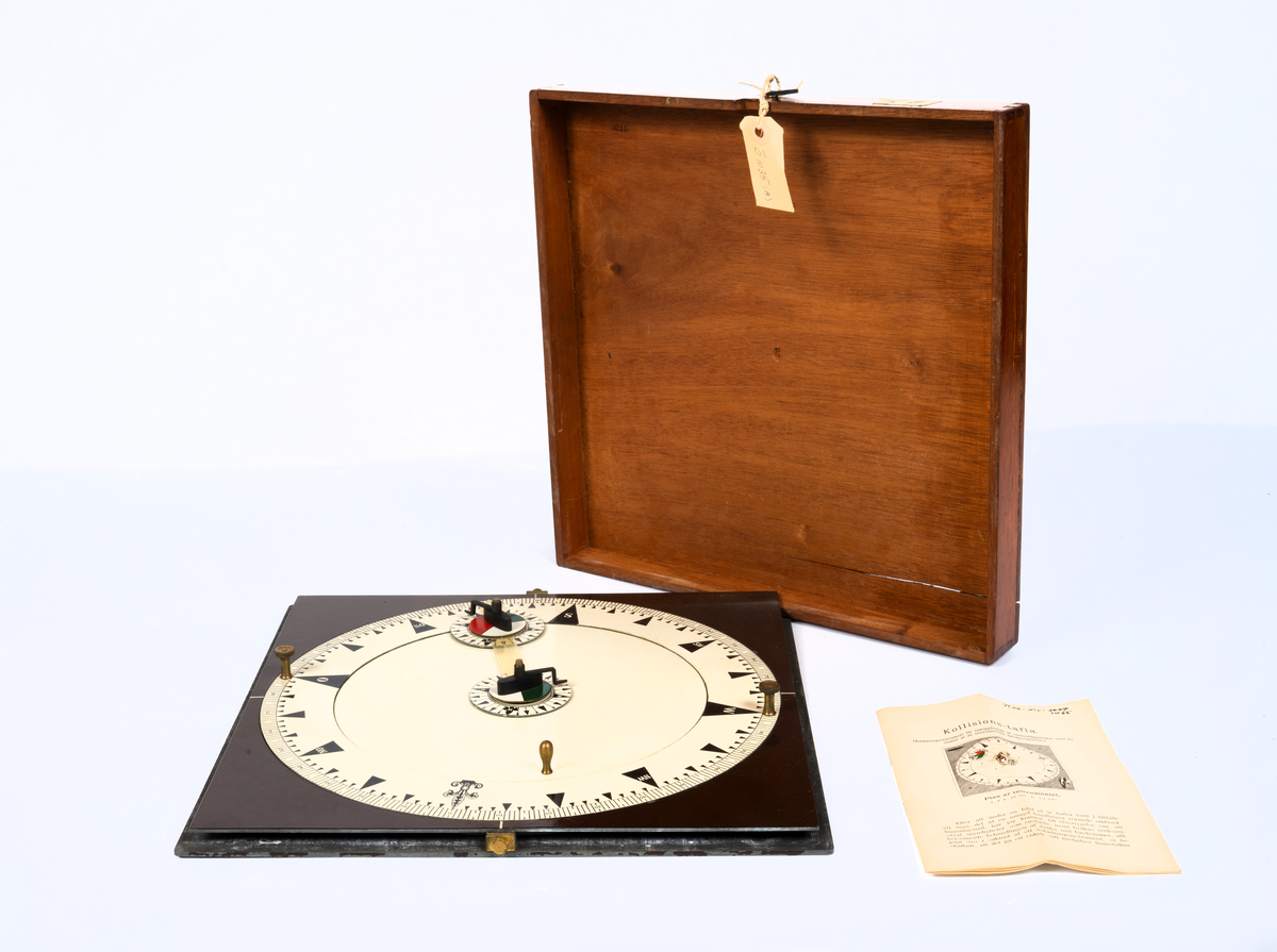 Kollisions-tavla, Ekelöfs patent, bestående av vit kompasssros med två rörliga farygsmodeller jämte visare, fästade till en rund bottenplatta, alltsammans monterat till en brunmålad, fyrkantig bottenplatta med lock av mahogny. Tillhörande tryckt beskrivning. Stockholm, 1892.