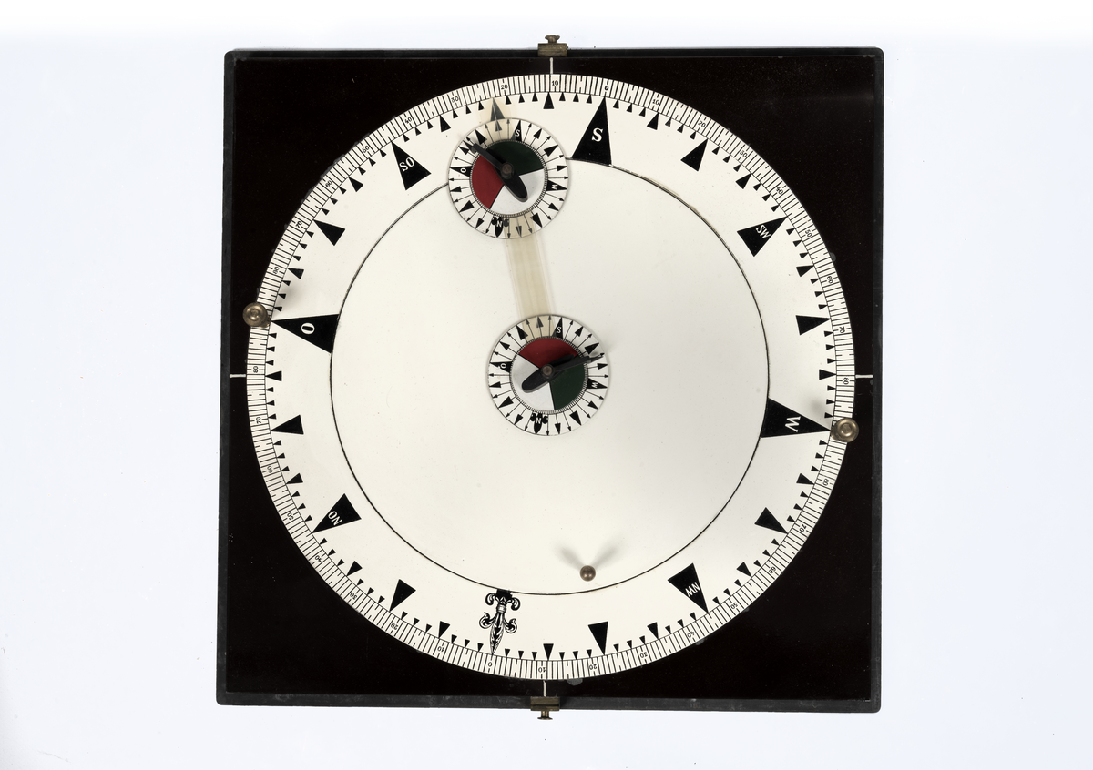 Kollisions-tavla, Ekelöfs patent, bestående av vit kompasssros med två rörliga farygsmodeller jämte visare, fästade till en rund bottenplatta, alltsammans monterat till en brunmålad, fyrkantig bottenplatta med lock av mahogny. Tillhörande tryckt beskrivning. Stockholm, 1892.