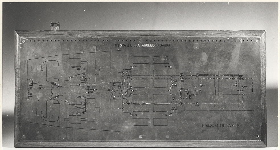 Metalltavla som visar stora och lilla ångledningarna på H.M.S. Gustav V.