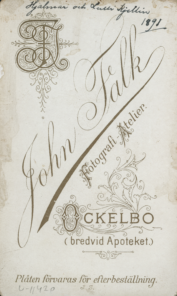 Porträtt av Hjalmar och Elisabeth "Lulli" Kjellin 1891 (enligt text baksida kort).