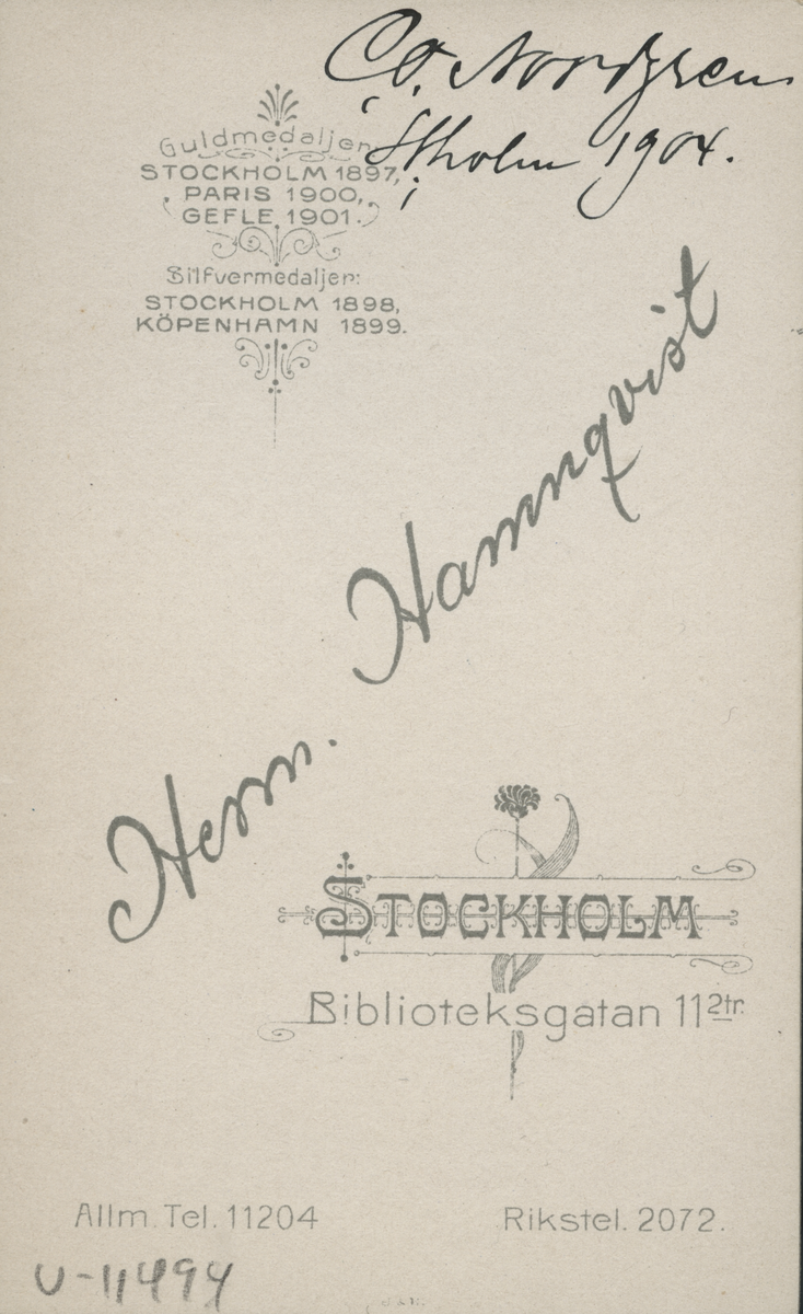 Porträtt av C. O. Nordgren. Stholm. 1904 (enligt text baksida kort).