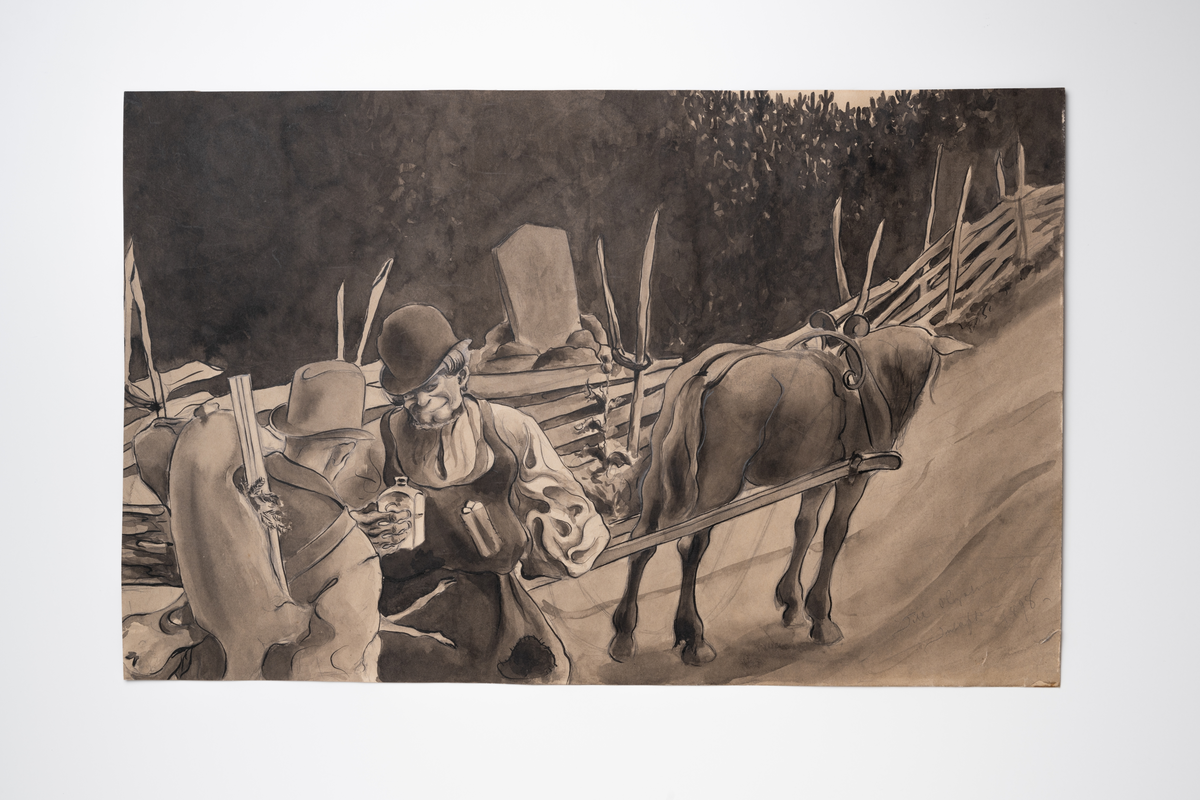 Två män, till vänster i förgrunden, står framför en hästkärra och häst vänd åt höger och sedd snett bakifrån. I bakgrunden syns en gärdsgård, en milsten, och skog. Männen tar sig en sup. Teckningen utförd i sepiatoner.