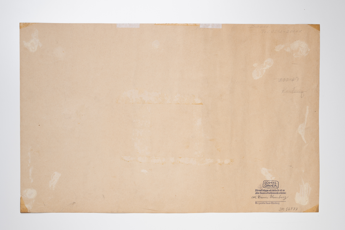 Två män, till vänster i förgrunden, står framför en hästkärra och häst vänd åt höger och sedd snett bakifrån. I bakgrunden syns en gärdsgård, en milsten, och skog. Männen tar sig en sup. Teckningen utförd i sepiatoner.