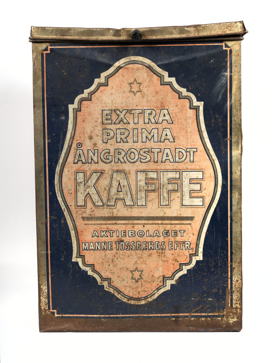Rektangulär kaffeburk av plåt.