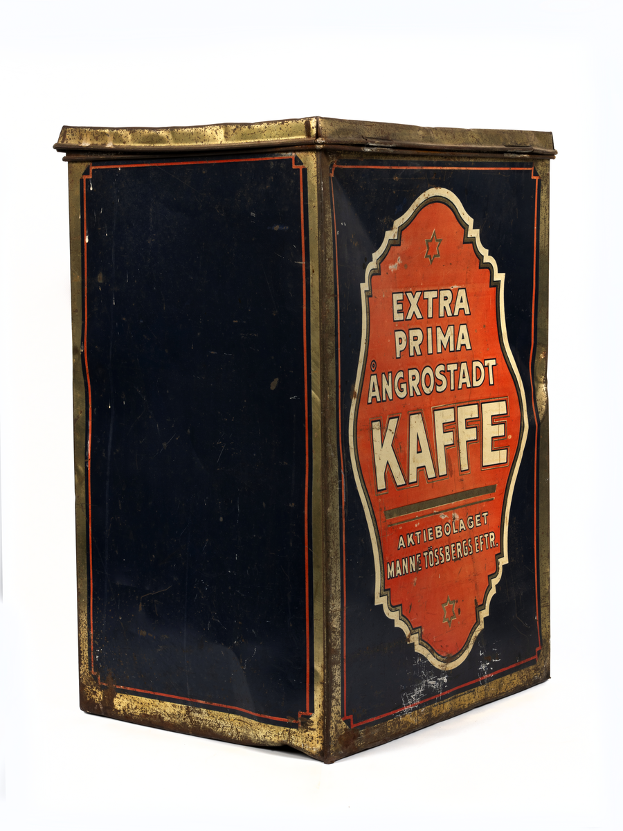 Rektangulär kaffeburk av plåt.