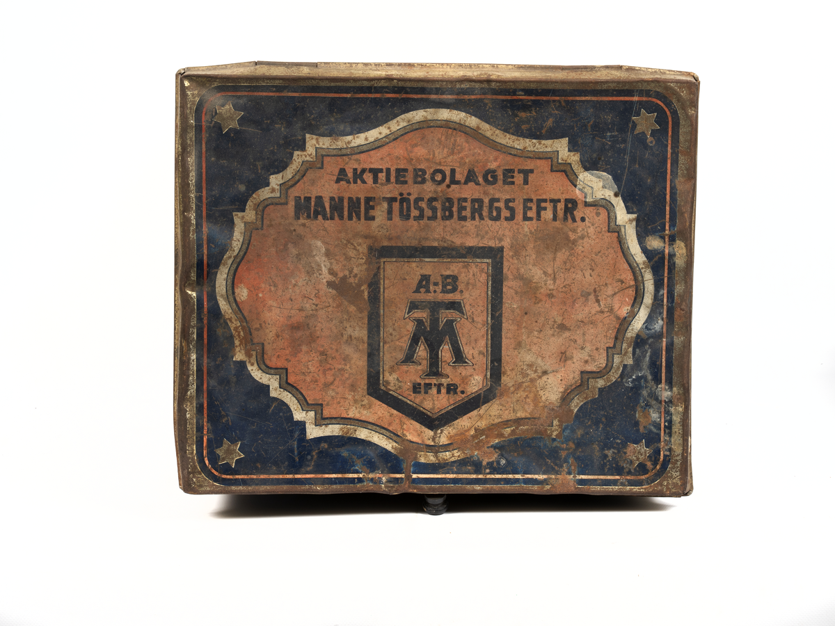 Rektangulär kaffeburk av plåt.