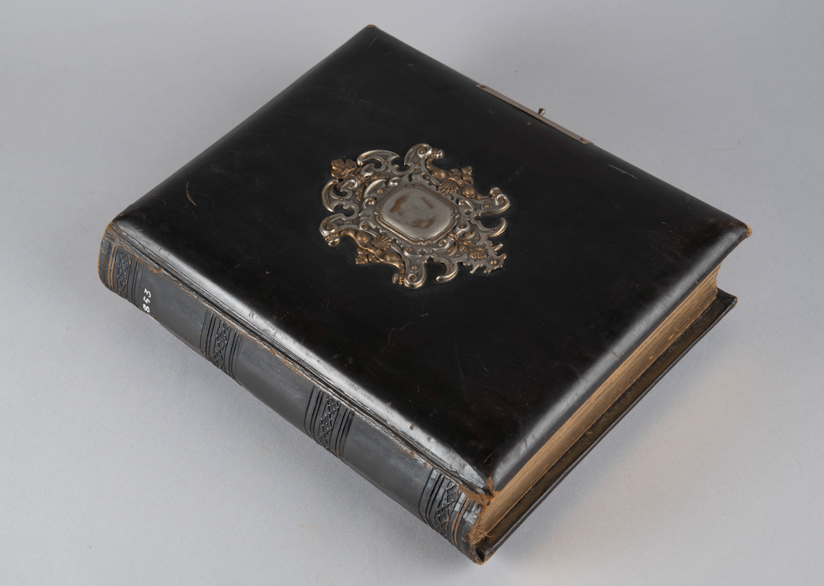 Skinninnbundet fotoalbum. På forsiden festet en navneplate i metall, innrammet av dekorativ kartusj. Preget rutemønster på baksiden. Sidene er doble papplater med gullstripet dekor og "vinduer" til fotoformater visittkort og kabinett.. Gullfargede forsatsblader med bladdekor.