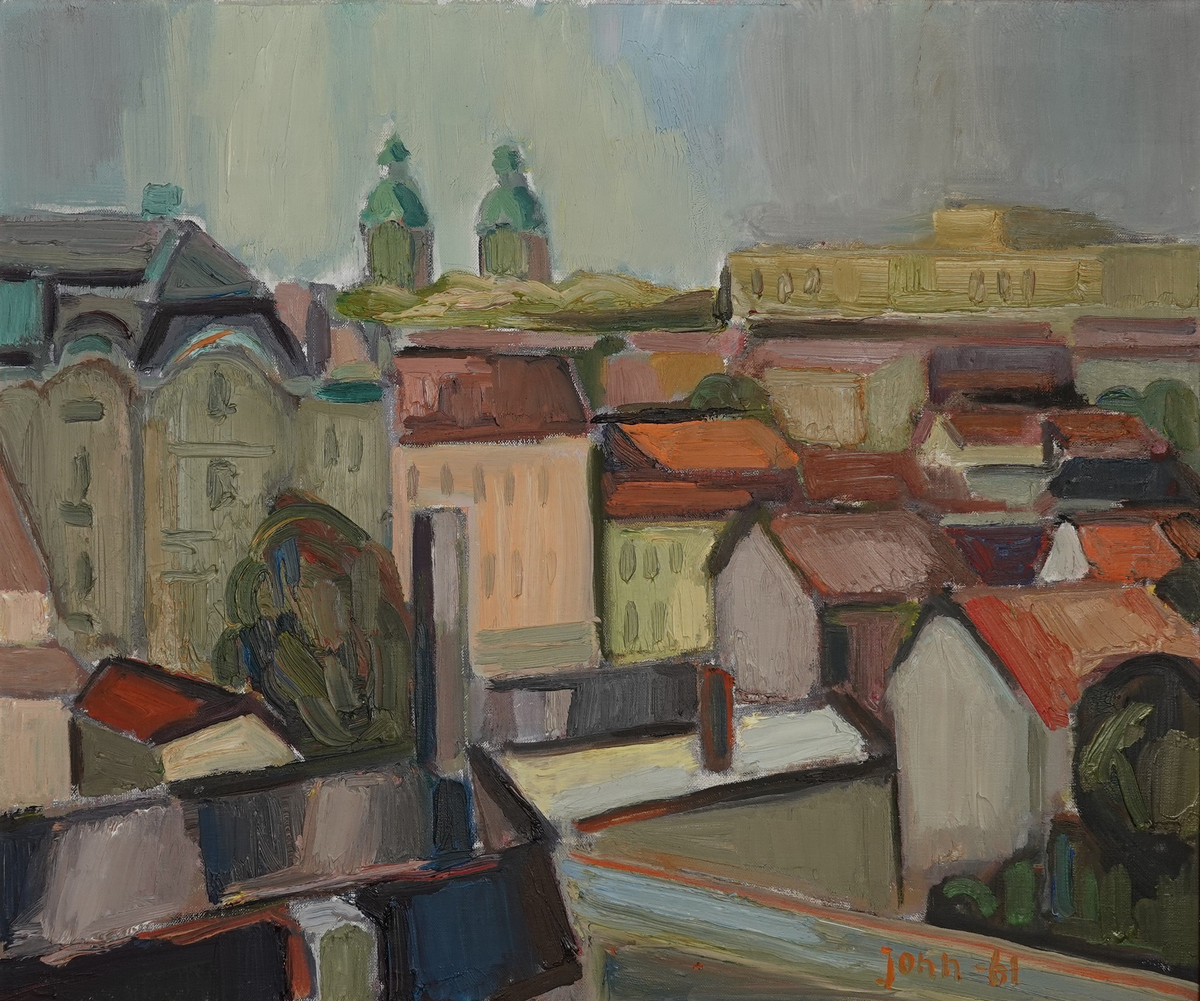 Stadsmotiv som visar utsikt över hus och takåsar i Landskrona. Gamla posthuset syns till vänster i bild och Sofia Albertina kyrkas kyrktorn i mitten. Grågrön färgskala.