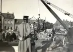 Smålands artilleriregemente, A 6. Västgötamanövern 1912. Lastning/avlastning av hästar och materiel till/från fraktfartyg. Här en föreställare m/1902. Foto från år 1912.