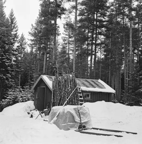 Fra Smaltjernskoia i statens skog i Svartholtet i Elverum i Hedmark. Dette fotografiet ble tatt i 1971. Koia var en enetasjes bygning med bordkledde yttervegger og med bølgeblikktekket saltak. Den hadde vindu på langveggen og dør på gavlveggen. Døra sto åpen da dette bildet ble tatt. Inntil husveggen var det reist en del toppstokker, som antakelig skulle brukes som ved i koia. I forgrunnen lå det et par skjæker i snøen. Bak disse sto det antakelig et lass som var overdekt med plast.