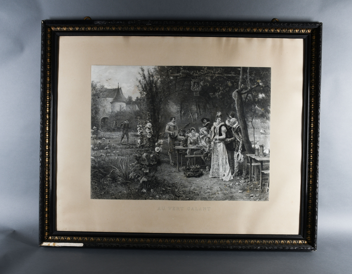 Musikalsk underholdning i Pergola med renessanseborg i bakgrunnen. Mennesker i rennessanseklær i pergolaen.